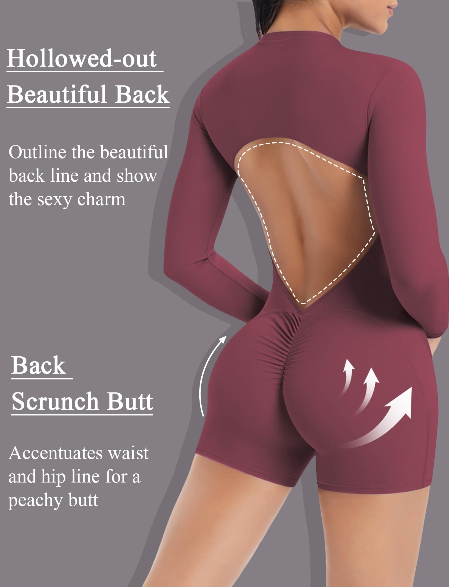 Scrunch - Mono de deporte para mujer, con espalda descubierta, para yoga, manga larga, con cremallera, mono para gimnasio