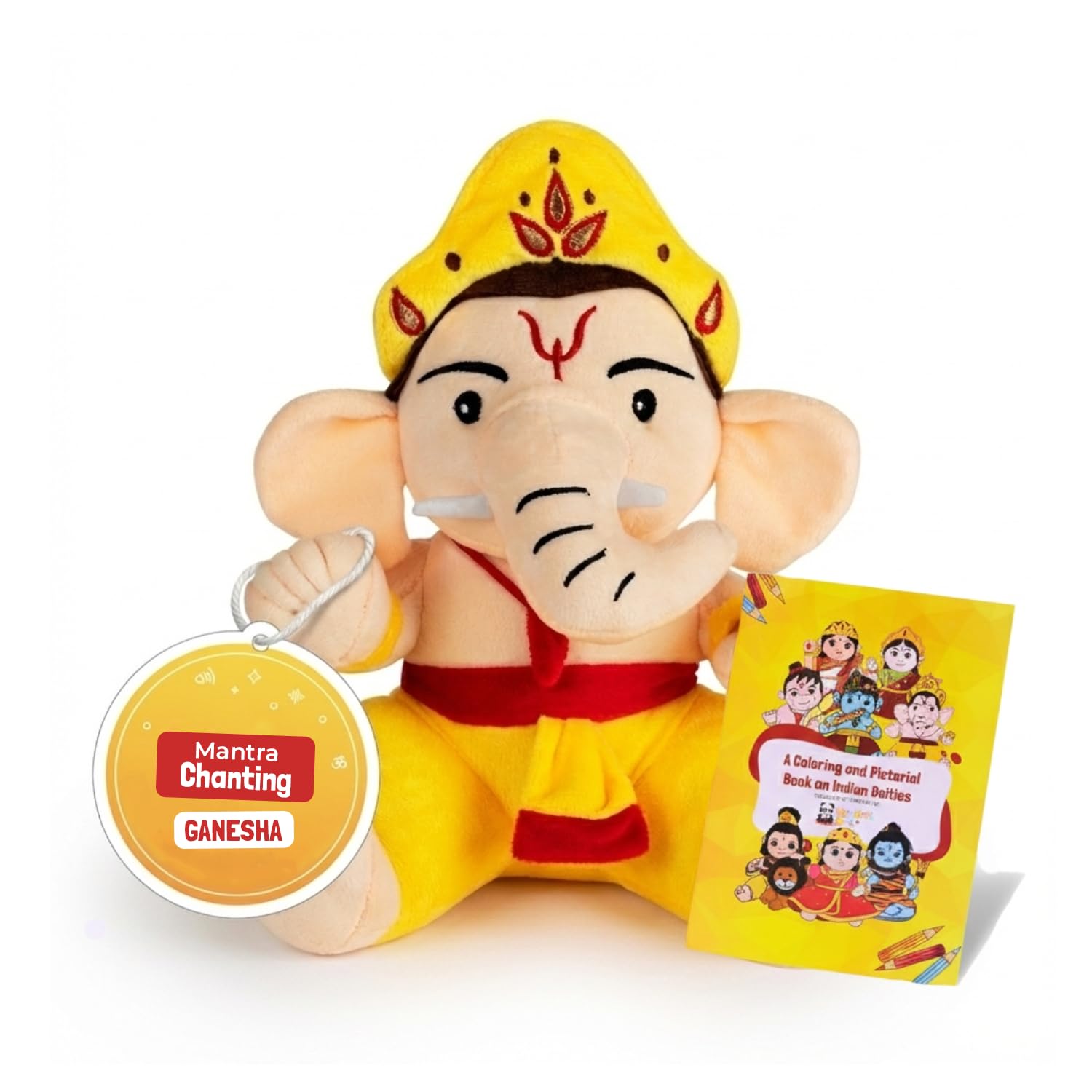 Panda's Box Mantra Chanting Baby Ganesha | Musical Soft Plush Toy | Non-Toxic, Safe| Interactive Stuffed Toys | Best Birthday Gift for Newborn Kids (Boys, Girls) | Free Colouring Book | Medium 28 CM
