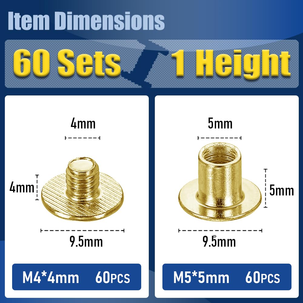 Chicago Screws for Leather, M5x5mm, Gold, 60 Same-Size Sets