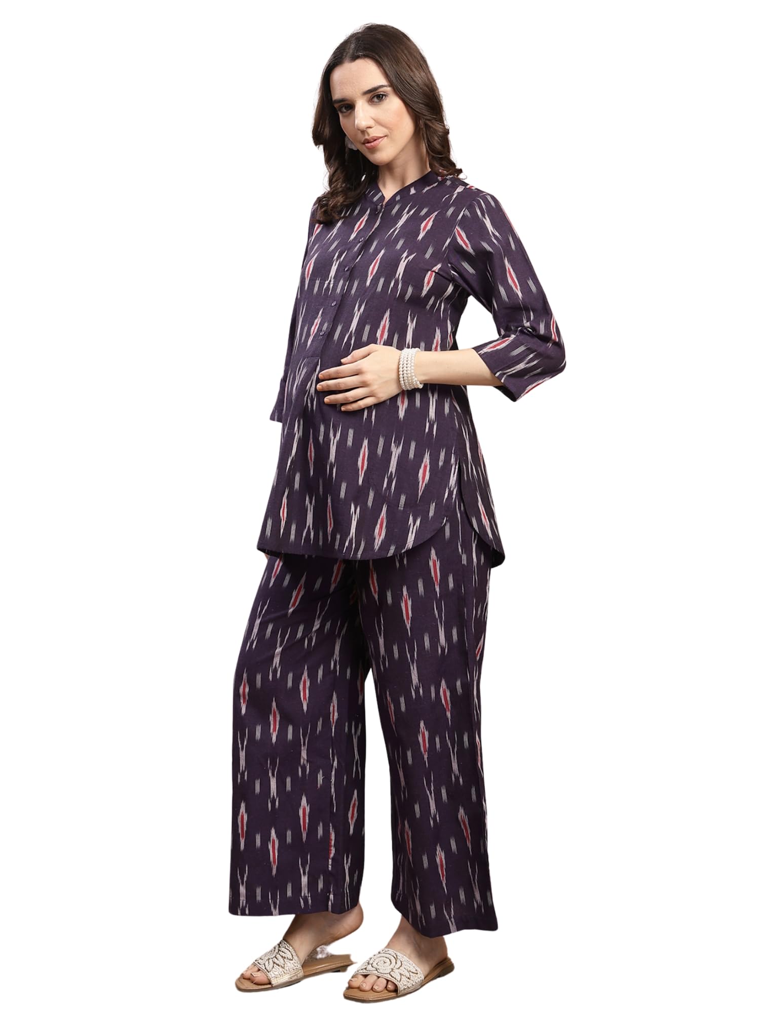 zelena Ikat Cotton Maternity Kurta Set for Women | Nursing & Feeding Friendly Kurta with Front Button Access & Pants | Breathable Pregnancy & Postpartum Co Ord Set with Pockets-picture-10