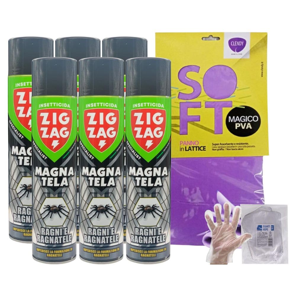 ZigZag Magnatela Insetticida Ragni, Azione Residuale, Efficacia Immediata, Protezione Elevata, Facile Utilizzo, 600ml+OMAGGIO 100pz Guanti HDPE Monouso + Panno in Lattice (6 Spray+1CF Guanti+Panno)