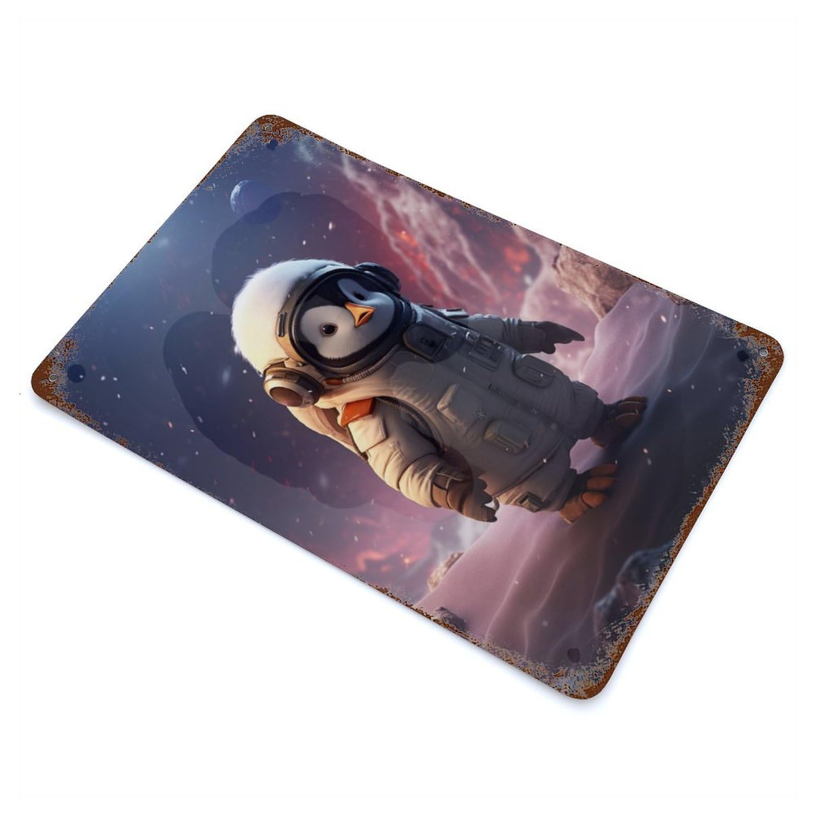 Rust Effect Cute Explorer Penguin Snow Weathered Tin Sign 11.8"x7.9", Retro Wall Decor for Garage, Bar And Workshop Decor