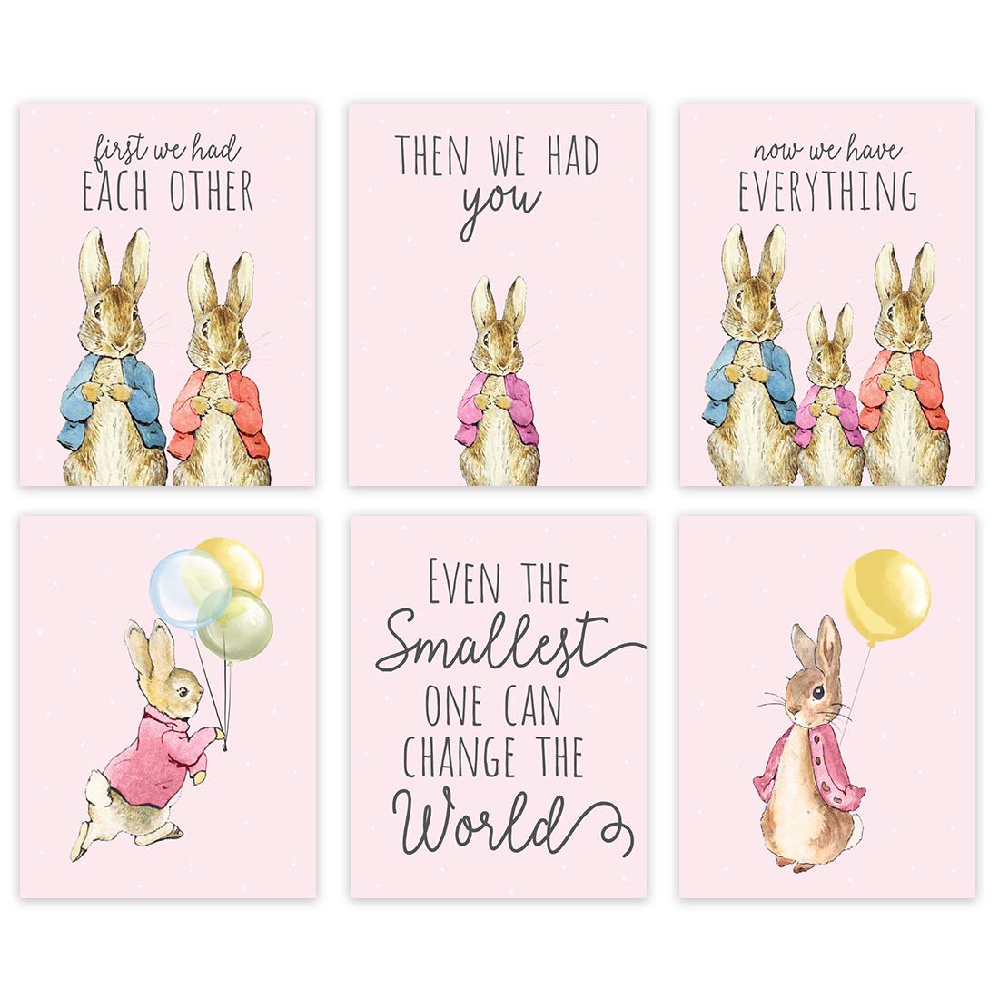 Andaz Press Each Other Pink Peter Rabbit Theme Nursery Kids Bedroom Unframed Hanging Wall Art Poster Room Decor, 8.5X11-Inch, Pink, First We Had Each Other Then You Now Everything, 6-Pack, No Frames