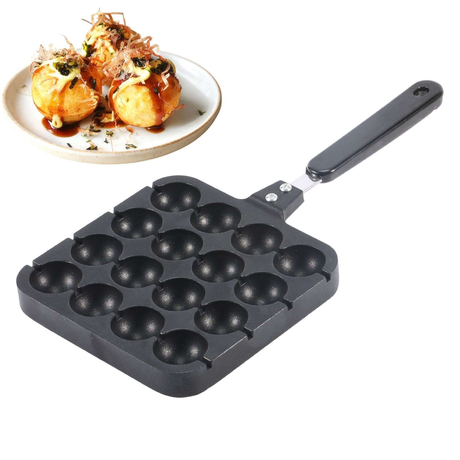 Takoyaki Pan Cast Iron Pan, 16-Slots Japanese Octopus Meatball Grill Pan, Handle Nonstick Aluminum Octopus Meatball Grill Plate for Home Kitchen Cake Cooking Tool, Authentic Osaka Street Food Cooker