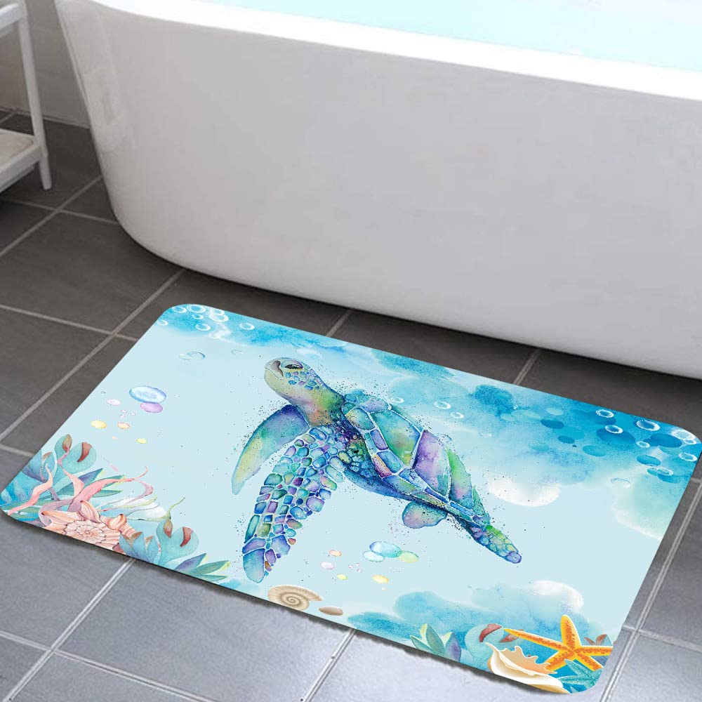Sea Turtle Bathroom Rug, Nautical Turtle Non Slip Bath Mat with Underwater Seashell Bathroom Accessories Shower Mat Marine Animals Blue Ocean Kitchen Rug Non Slip Mat Soft for Toilet Tub RV (17"X29'')