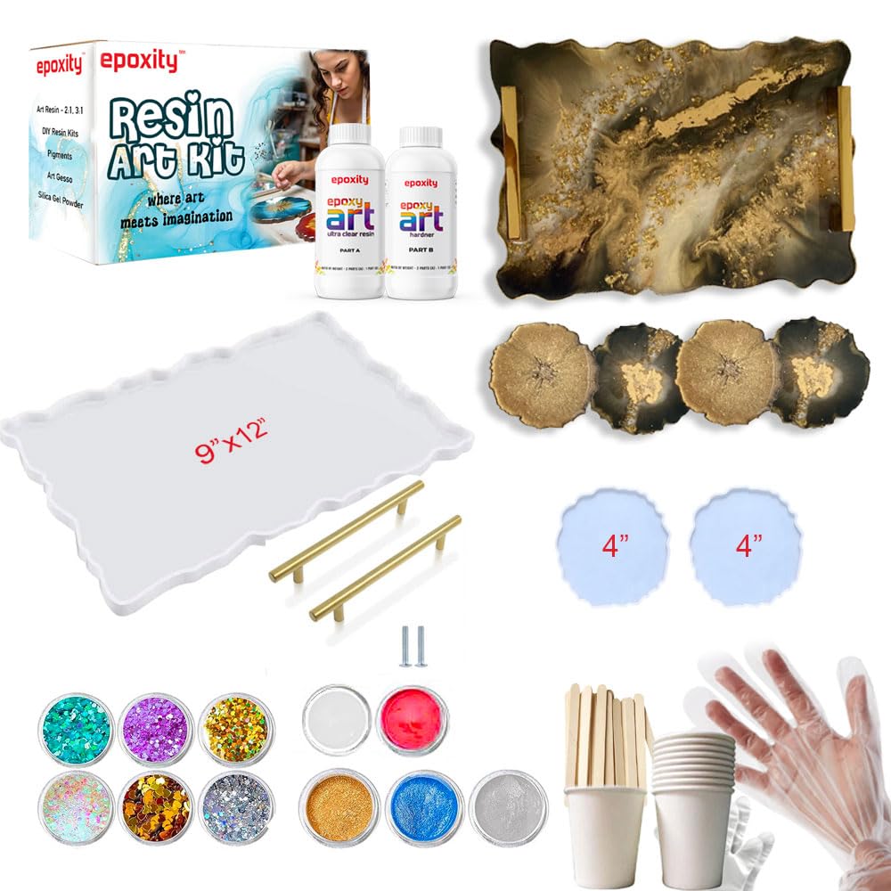 Epoxity Resin Tray DIY Kit Includes 450Gms 2:1 Epoxy Resin, 9x12 Agate Mould with 2 nos 4" Coaster molds, Glitter, Pigments Raisin Liquid (B0DF2Y32TY) Amazon Price History, Amazon Price Tracker