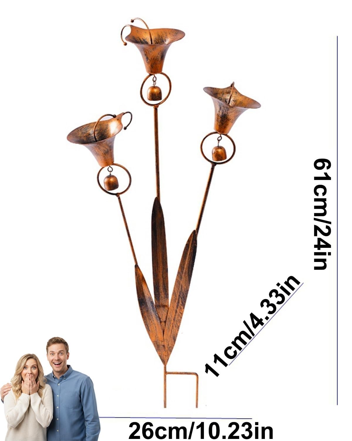 2026 Flammende Kupfer Drei Calla-Lilien Gartenstecker mit Glocken, Regenfänger Blume Handgefertigt 61cm Große Verspielte Metall Pflanzenskulptur Hof Kunst Dekor, Rustikales Windspiel Ornament Geschenk
