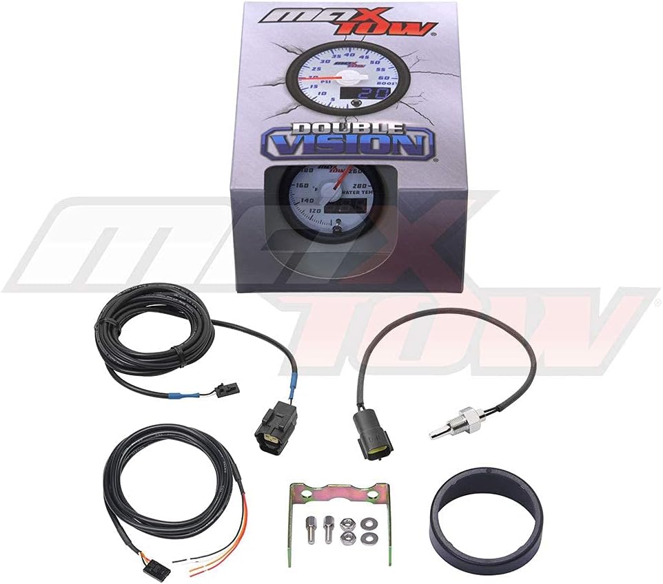 MaxTow Double Vision 280 F Water Coolant Temperature Gauge Kit - Includes Electronic Sensor - White Gauge Face - Blue LED Illuminated Dial - Analog & Digital Readouts - for Trucks - 2-1/16" 52mm