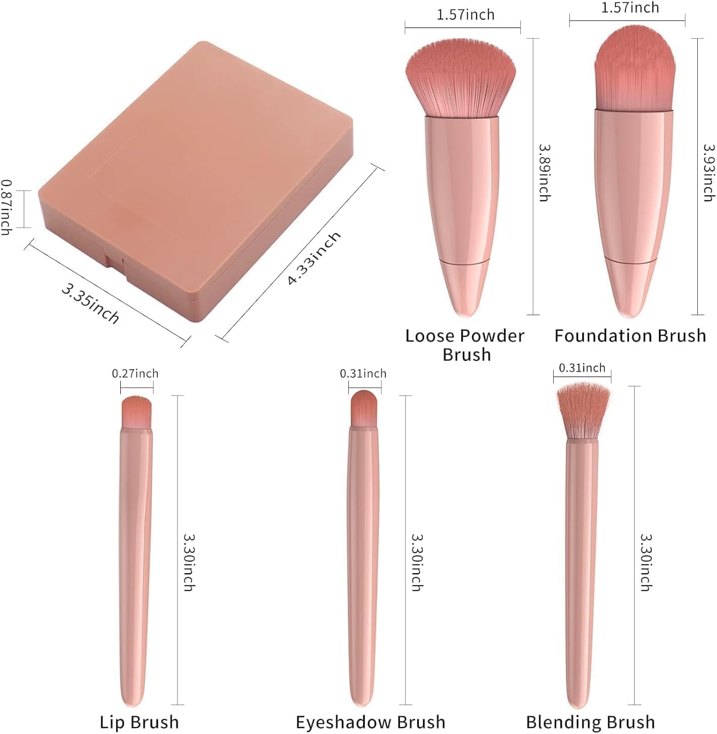 RV - Set di pennelli professionali da viaggio con specchio, 5 pennelli da trucco portatili per donne, mini kit di pennelli da trucco per viso, occhi, sopracciglia, fard e lucidalabbra