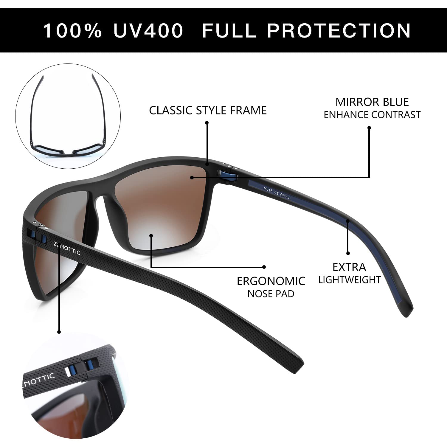 ZENOTTIC Occhiali da sole polarizzati uomo leggero TR90 montatura UV400 protezione occhiali da sole quadrati
