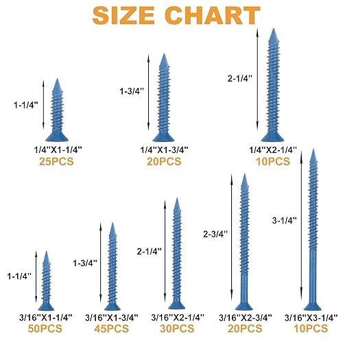 Miniatura 3 de VIGRUE Kit surtido de tornillos de hormigón de 14 de pulgada, 316 pulgadas, 210 tornillos de cemento de cabeza plana para anclar a mampostería,