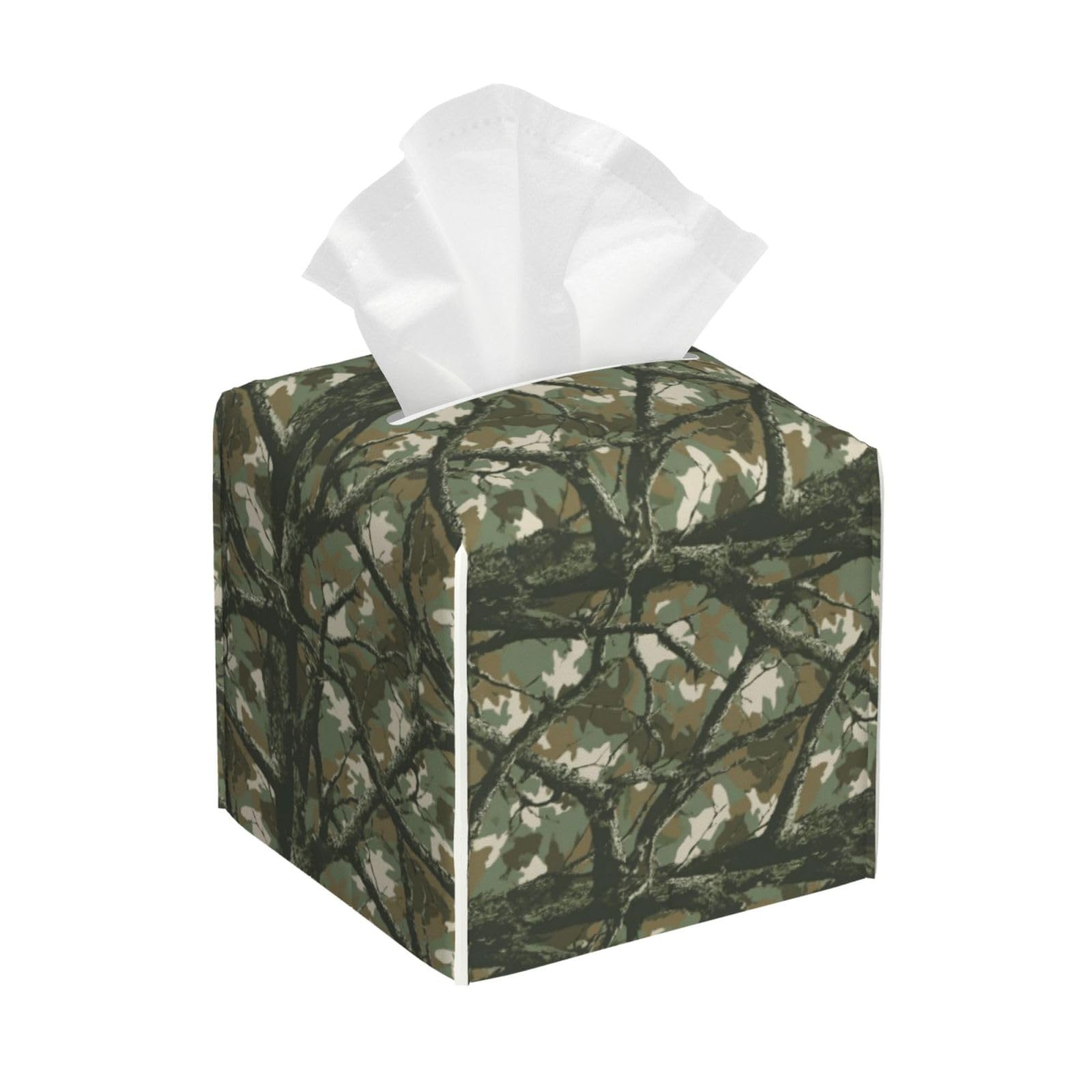 Retro Green Camouflage Tree Print Tissue Box Cover Holder Square, Foldable Modern Cube Tissue Box Cover, Leather Decorative Organizer for Tabletop Bathroom Car Office Desk Decor