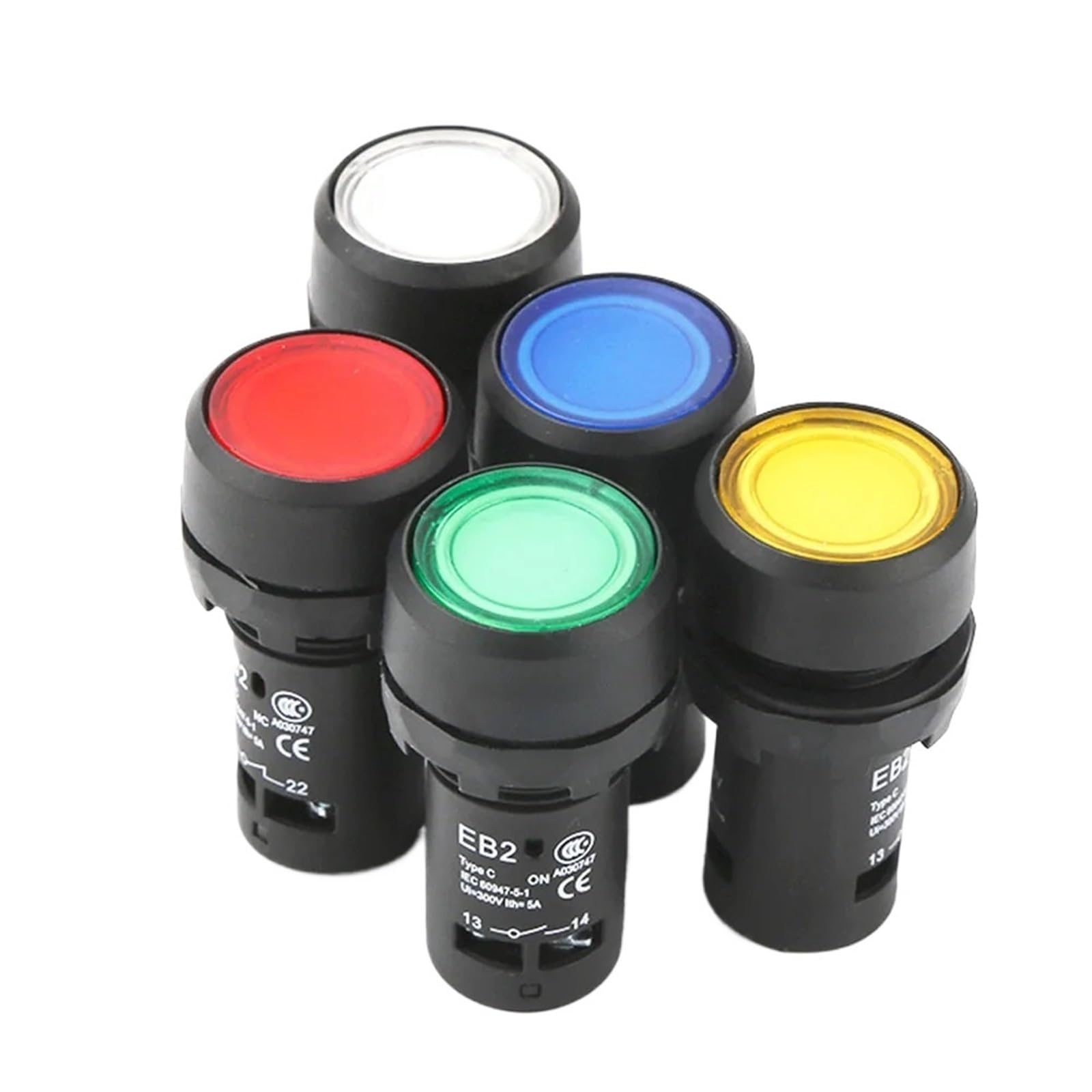 Lot de 5 interrupteurs à bouton-poussoir momentanés EB2-10DN ON-OFF avec témoin lumineux, fixation par 4 vis, découpe ronde plate de 22 mm(Red,Normally closed,DC 24V)