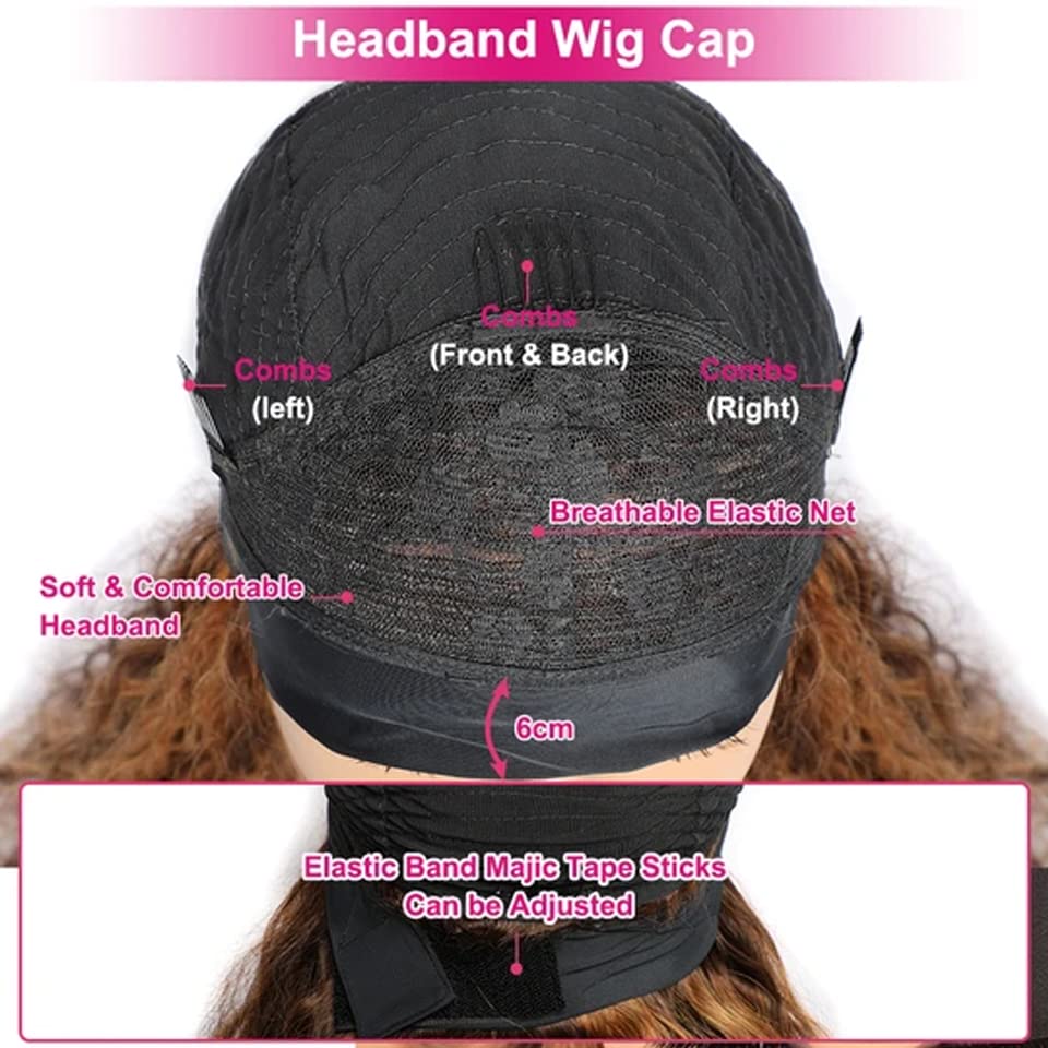 Image of XSY Curly Headband Wig Human Hair Highlight Ombre Deep Wave Headband Wigs for Black Women #4 /27 Golden Brown Wig 28 Inch