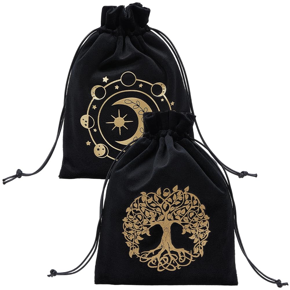 CREATCABIN 2Pcs Moon Velvet Storage Bag Tree of Life Tarot Cards Bags Drawstrings Bags Tarot Cards Dice Deck Holder Tarots Pouches Jewelry Wrap Bag for Crystals Dices Witchcraft Divination 5x7Inch