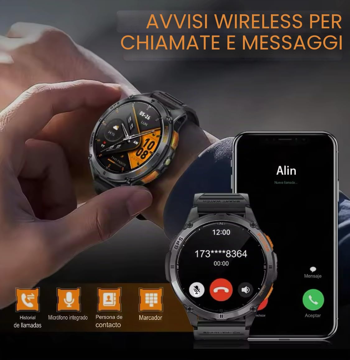 Orologio intelligente da uomo militare con GPS, torcia elettrica, impermeabile, 50 m, 530 mAh, schermo da 1,43 pollici, AMOLED 460 x 460, SmartWatch Sport Monitor per la salute