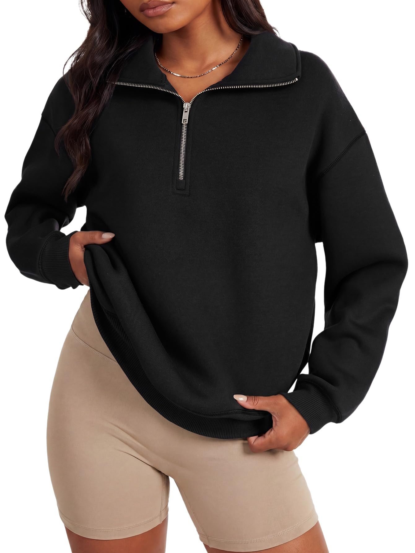 Women's Half Zip Long Sleeve V Neck Collar Drop Shoulder Pullover Casual Sweatshirts-image-15