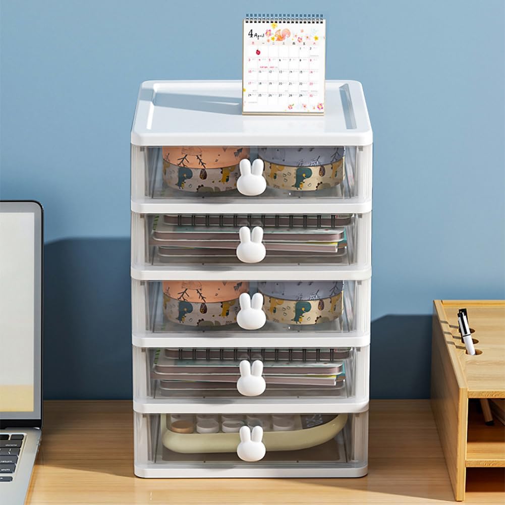 5-Tier Desk Storage Box, Transparent Plastic Organizer with Bunny Handles, Large Capacity Multi-Level Drawer for Books, Pens, Office Supplies, Perfect for Home, Office, or Study