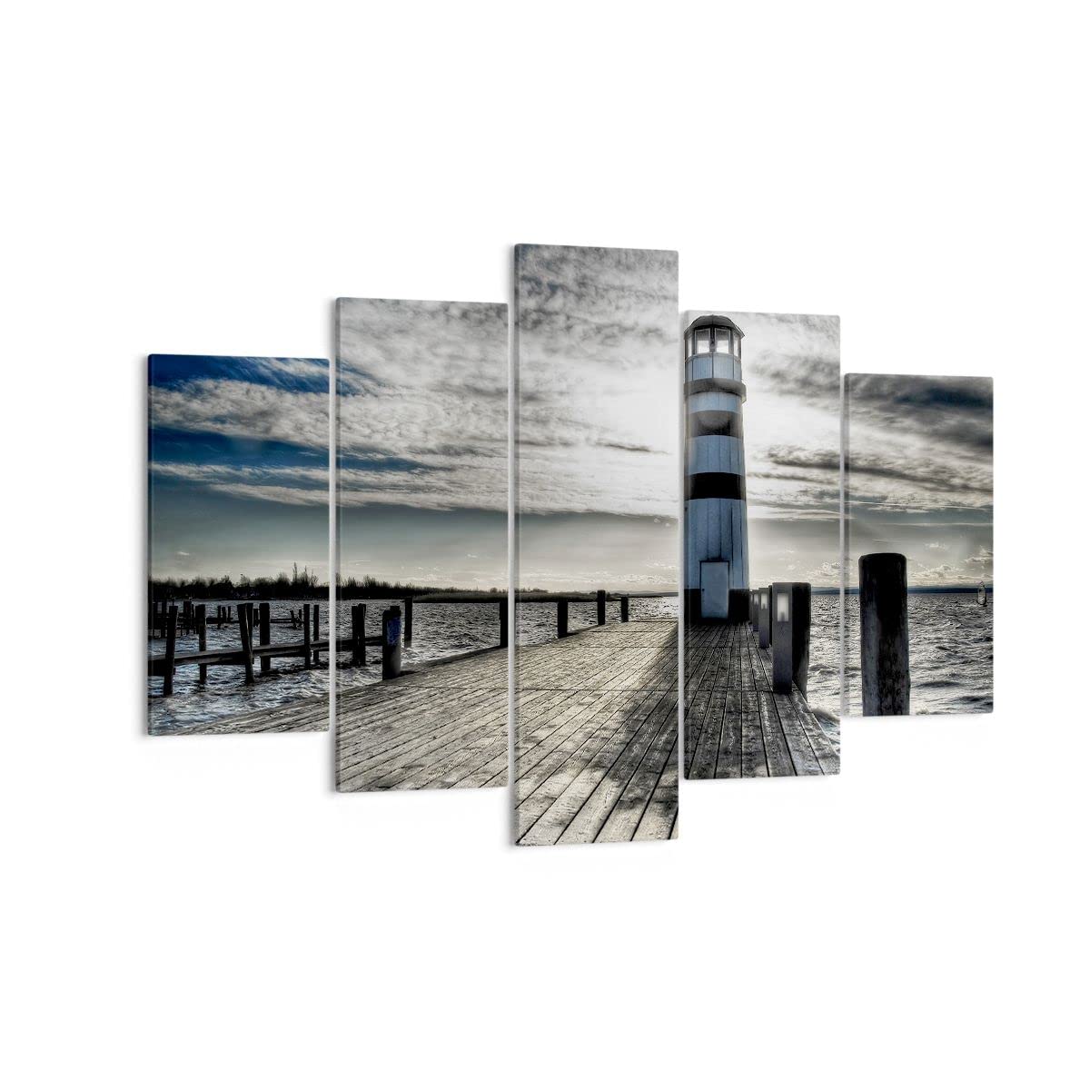 Moderne Impression sur Toile 150x100cm Image Tableau Decoration Murale Lac phare pont en bois eau Tableaux Decoratifs Muraux Chambre Triptyque 5 parties Deco Décoration Salon Art Wall EA150x100-0330