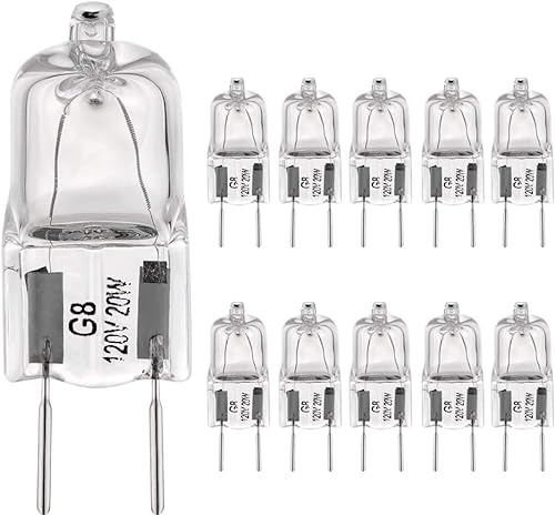 Bombillas halógenas G8 de 20 vatios y 120 voltios, base G8 bi-pin más corta de 1-3/8 pulgadas (1.38 pulgadas) de longitud, 20 W, T4 JCD, blanco