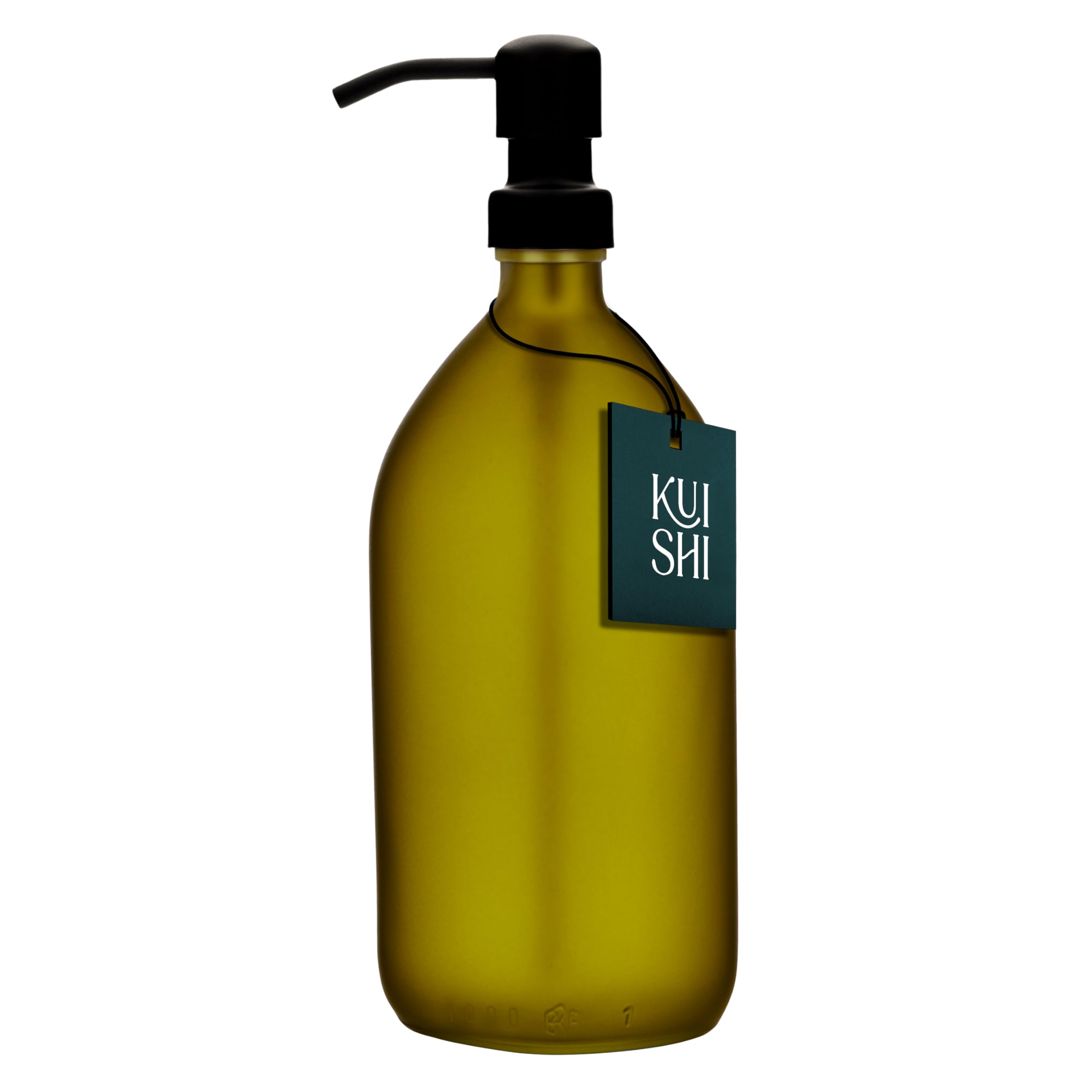 Kuishi 1000ml Green Matte Glass Soap Dispenser with Black Stainless Steel Pump – Refillable BPA-Free Shampoo and Conditioner Dispenser - Hand Soap Bottle for Kitchen & Bathroom