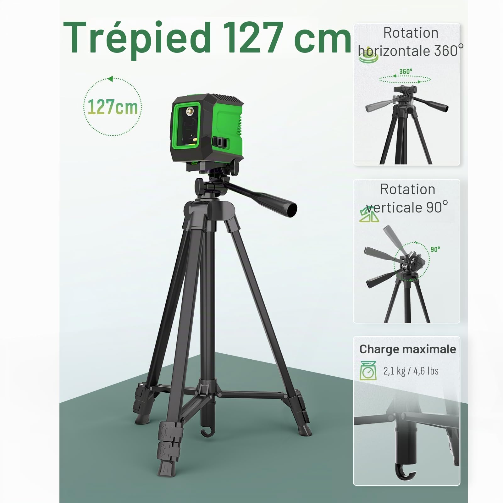 Niveau Laser 360° avec Trépied de 127 cm, Lignes Croisées Auto-nivelantes Vertes, Outil Laser Horizontal et Vertical pour Accrocher des Tableaux, Rénovation Domicile – Piles AA et Pochette incluses