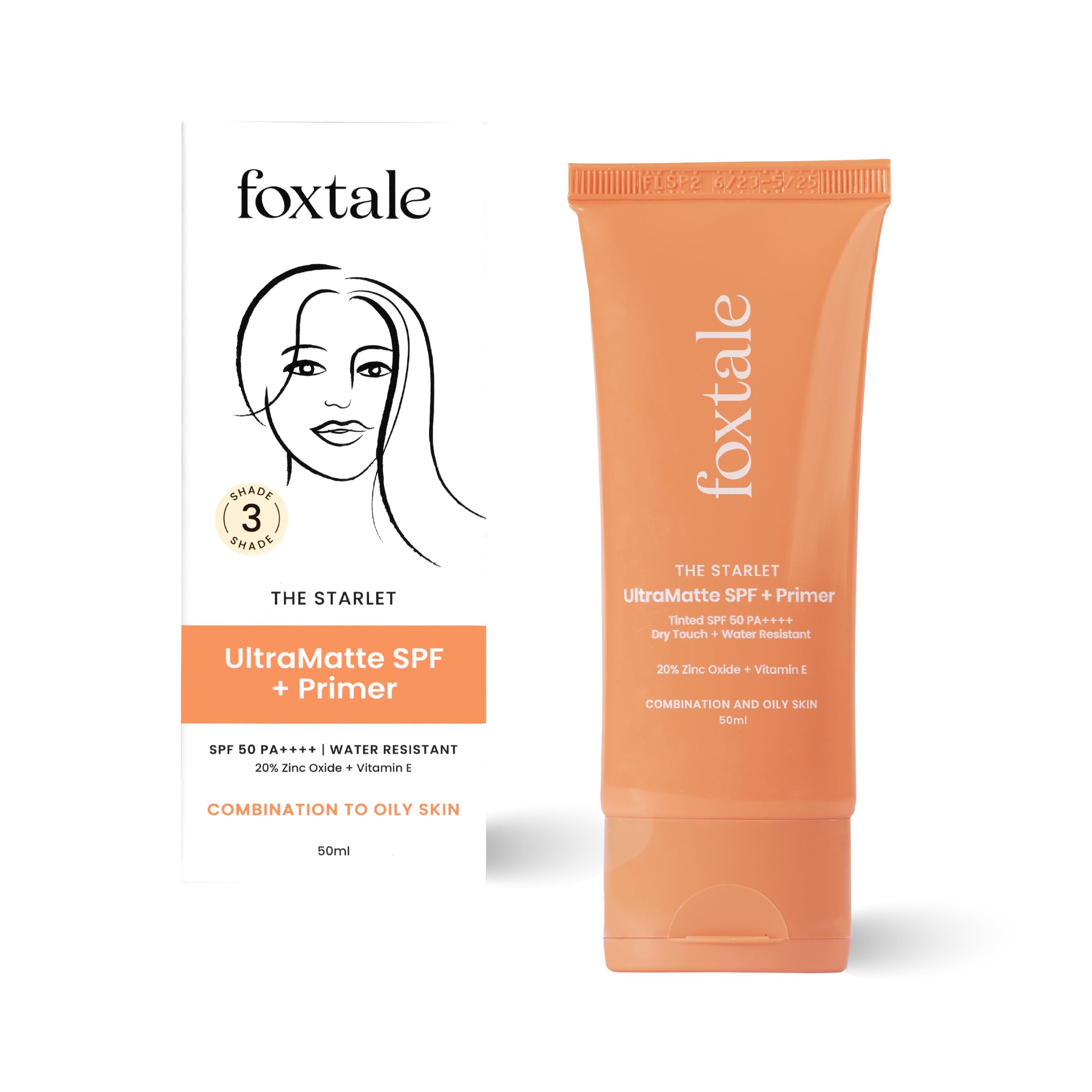 Foxtale Tinted Sunscreen SPF 50 PA++++ & Primer | Shade 3 | Vitamin E | Water Resistant with Dry-Touch Finish | No White Cast | Blurs Out Pores - 50ml