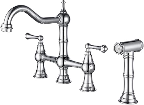 Miniatura 1 de Grifo de fregadero de cocina con rociador lateral extraíble, boquilla giratoria de doble mango en forma de puente moderna y elegante, construcción