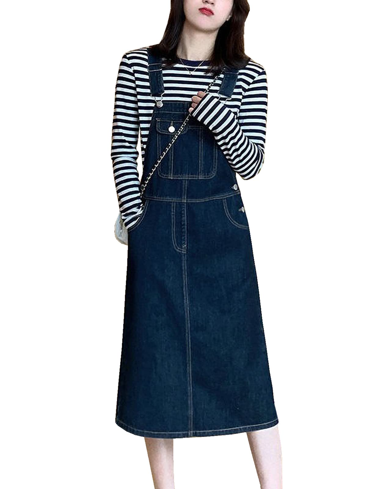 Vestido Peto Vaquero Mujer Corta Denim Dungarees Vestido Monos Peto de Falda con Bolsillos