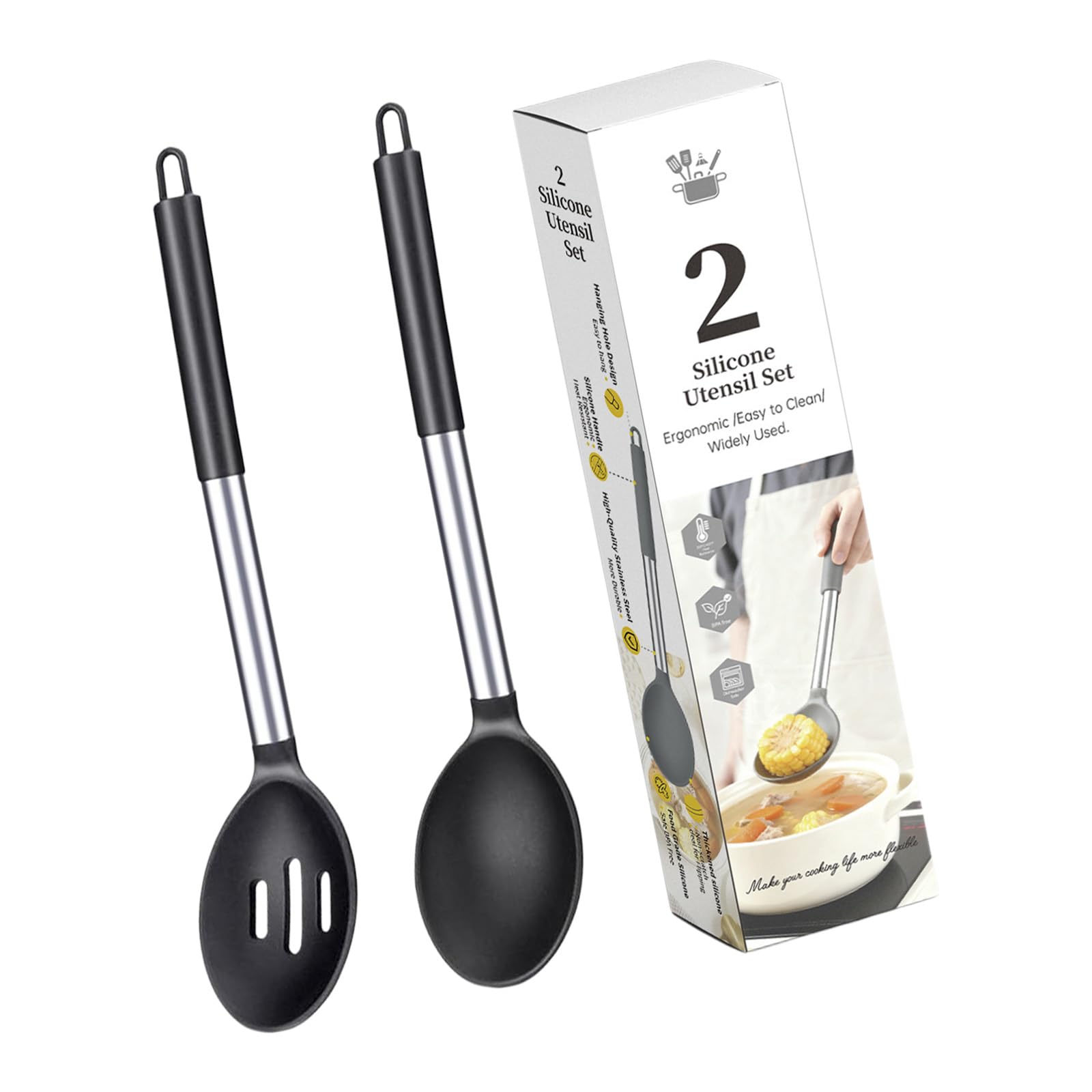 Soup and Stirring Spoon Set Silicone Cooking Utensil Pair with Metal Handles for Kitchen Pots and Daily Meal Prep Kitchen Cooking Spoon Slotted Serving Silicone Utensil Pair Metal Handle Loop Handle