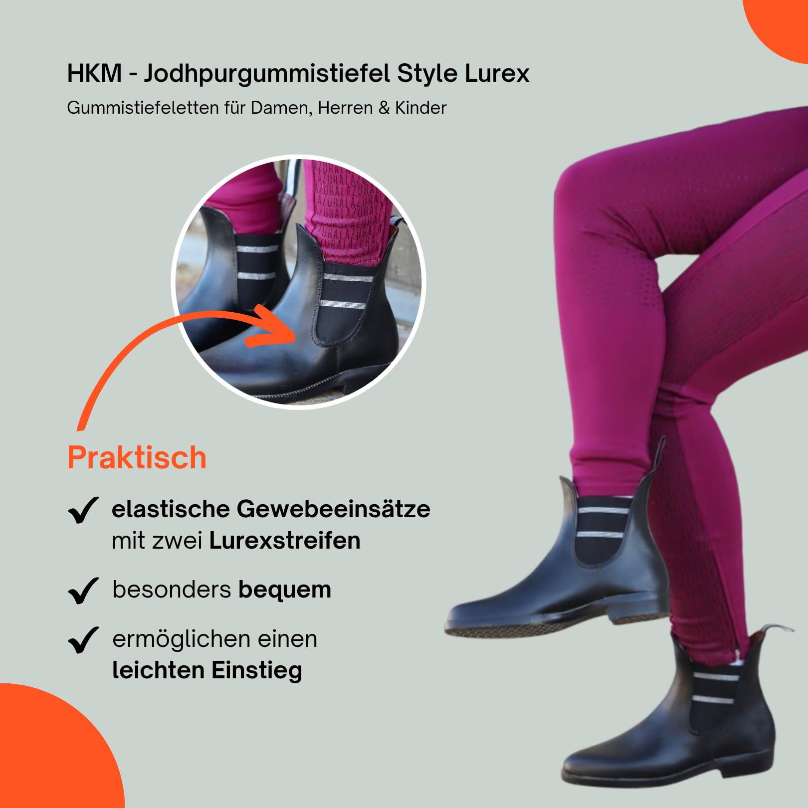 HKM - Jodhpurgummistiefel Style Lurex | Gummistiefeletten für Damen, Herren & Kinder | Regenstiefeletten mit Elastikeinsatz | wasserdichte Jodhpur-Stiefelette in Schwarz | Größe 30-45