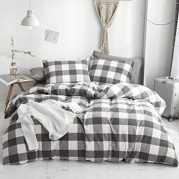 HYPREST 100% Cotton Duvet Cover Queen - Gray Buffalo Plaid Comforter Cover Queen - Ultra Soft Comfortable Bedding Set