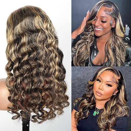 Megalook Highlight Ombre 13X4 Transparent Lace Front Wigs Human Hair Balayage Body Wave Lace Front Wigs For Black Women Human Hair 200% Density #Fb27 Natural Hairline Pre Plucked With Baby Hair 24Inch #TOP3