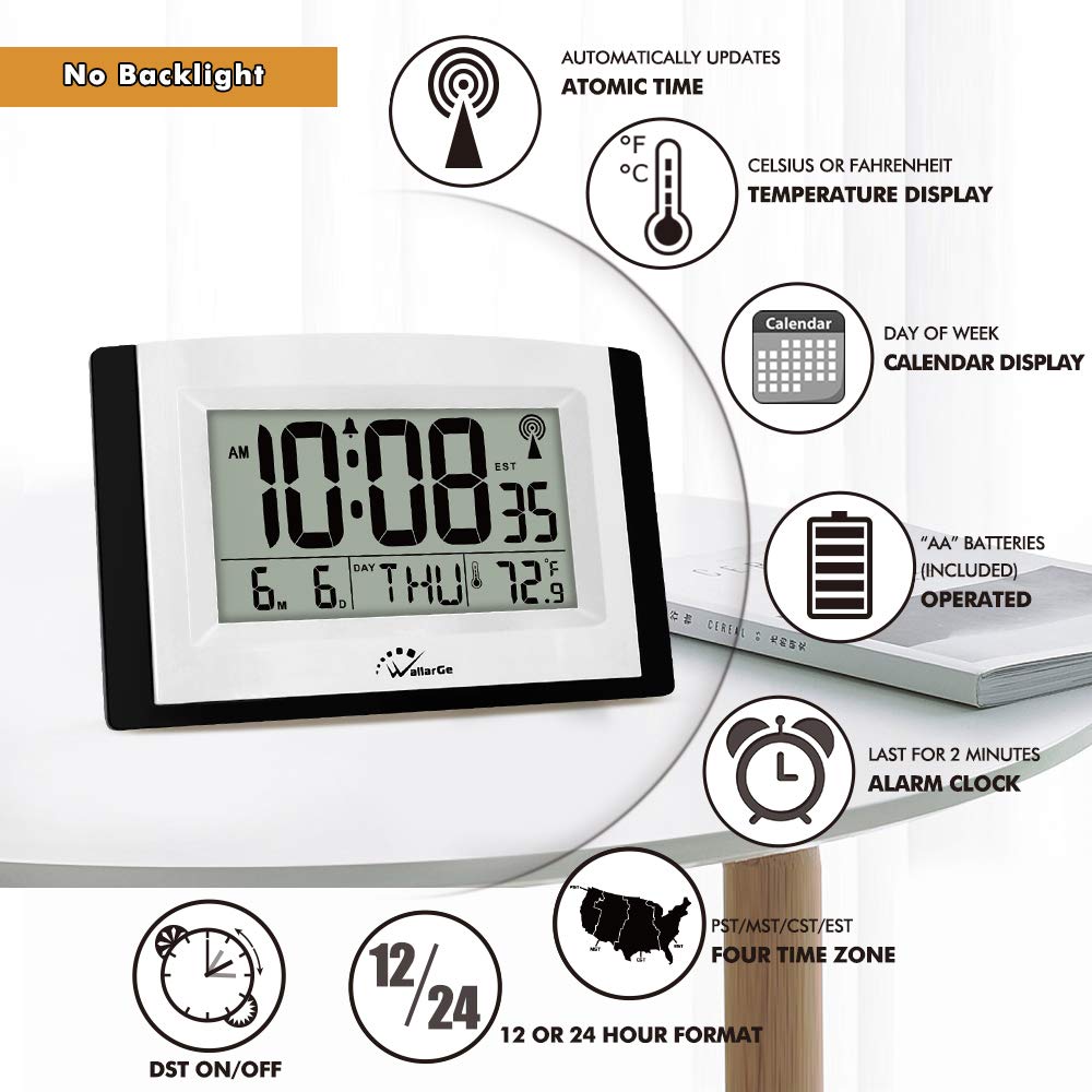 WallarGe Digital Wall Clock,Autoset Atomic Clock with Temperature and