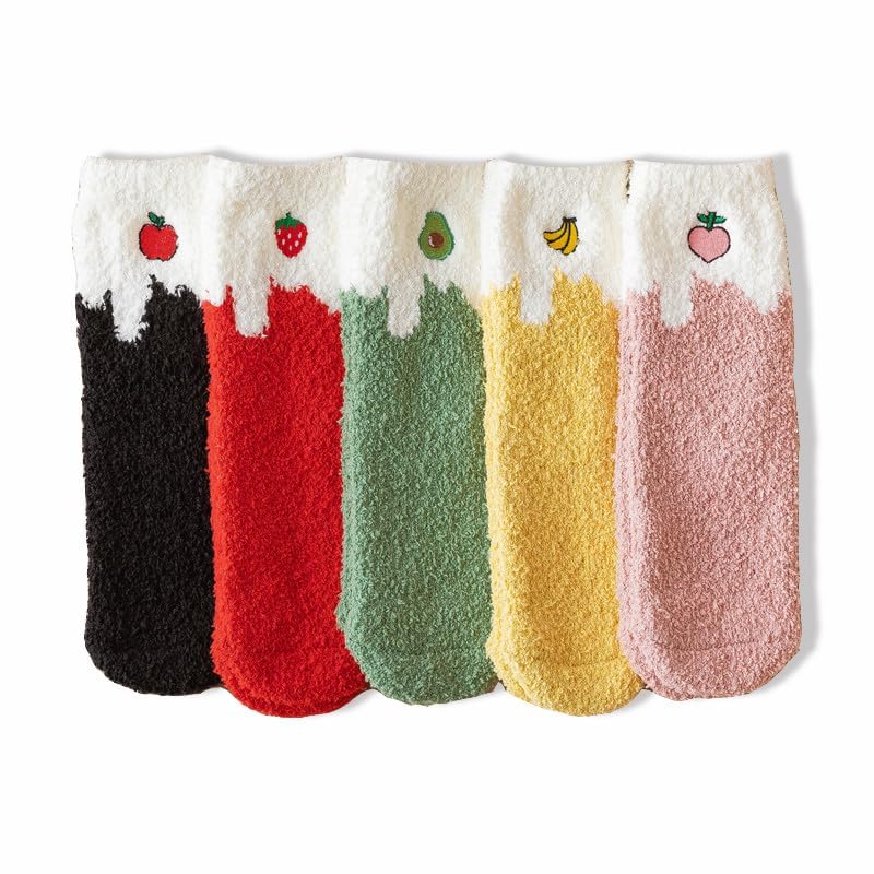 Image of RosyClouds Womens Fuzzy Socks, Cute Fruits Print Crew Socks Soft Warm Winter Cozy Socks for Indoor & Outdoor, 5 Pairs