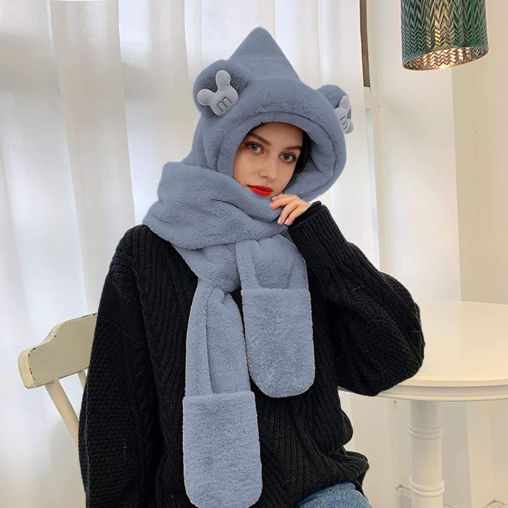 3 in 1 Sciarpa Cappello Orso Orecchio Guanti in Pile Termico Caldo per Inverno Cappello da Donna con Orecchie di Orso alla Moda Cappuccio Sciarpa Guanti per Outdoor