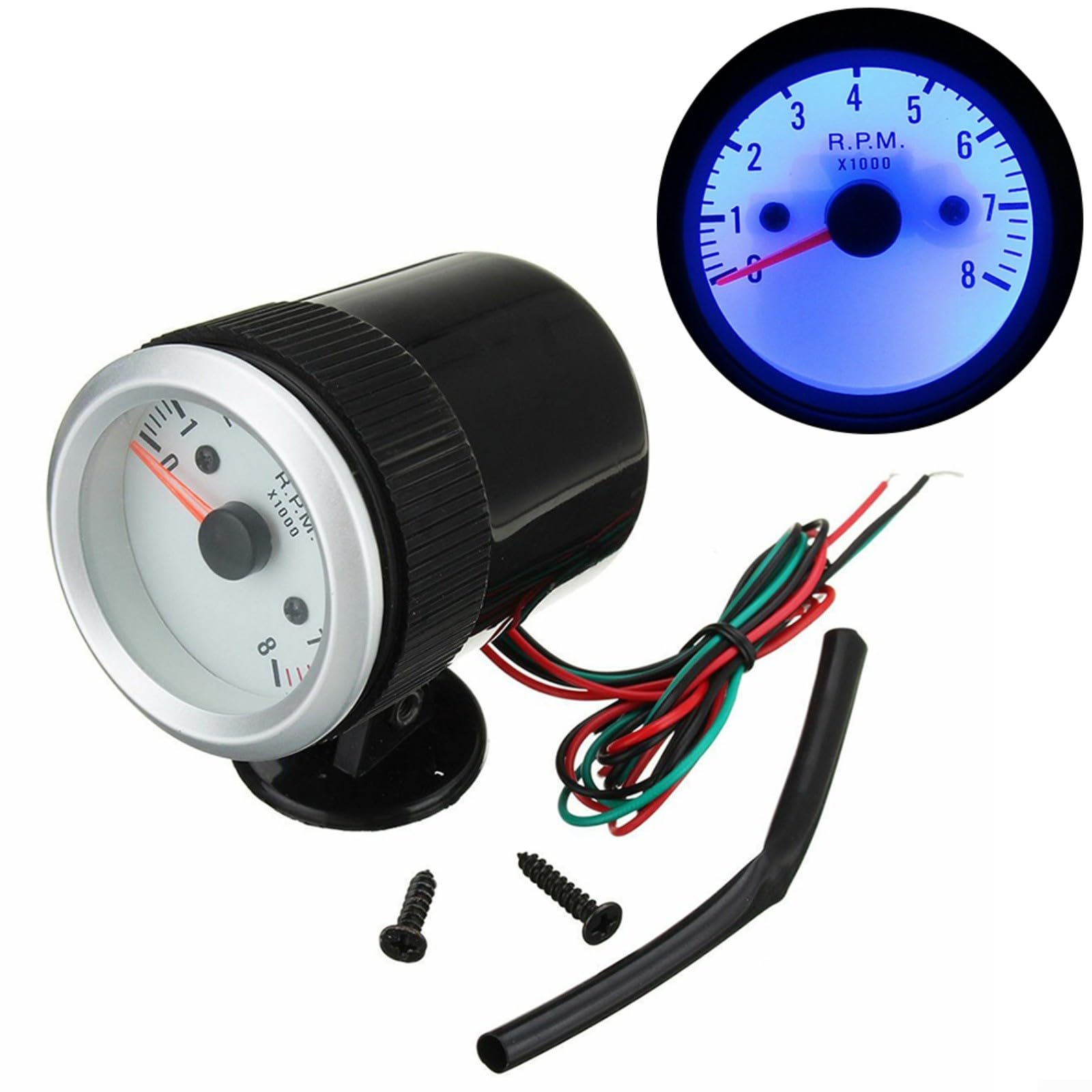 Compte-tours de 5,1 cm 52 mm avec face blanche et LED bleue 0-8000 tr/min pour moteur à essence 4 6 8 cylindres 12 V Compteur de tours performance automobile Installation facile Compteur