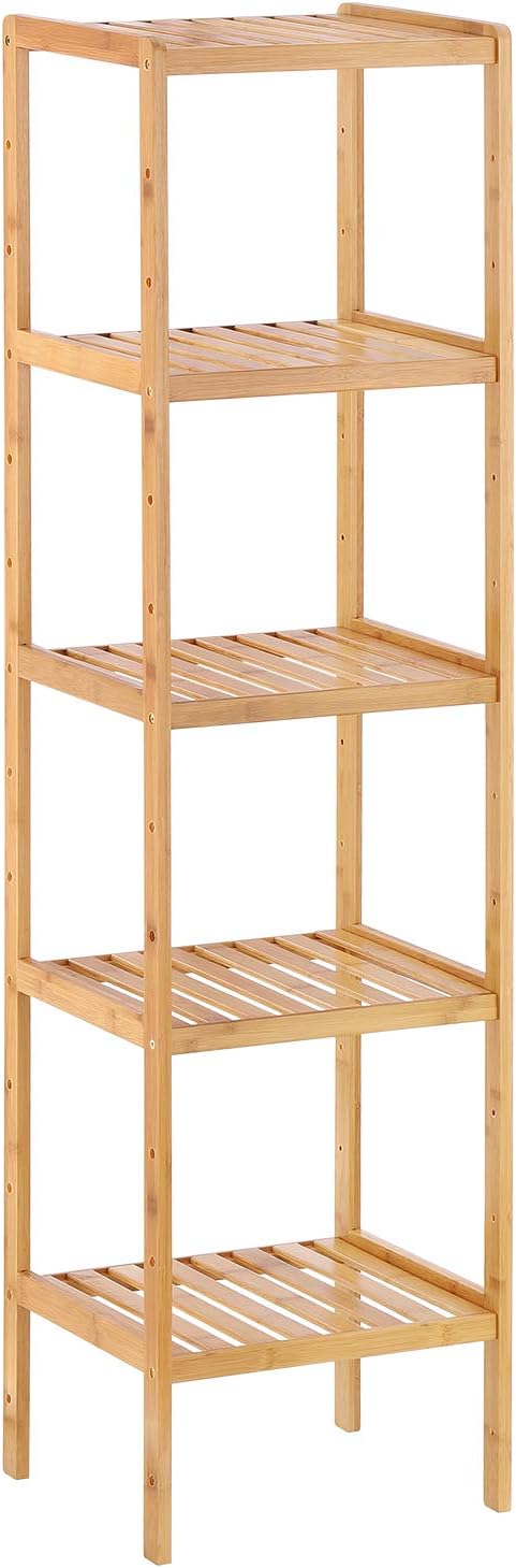 CADUKE Bamboo Bathroom Shelf, 5-Tier Multifunctional Storage Rack, Plant Flower Display Stand for Narrow Space, Living Room, Bedroom, Kitchen