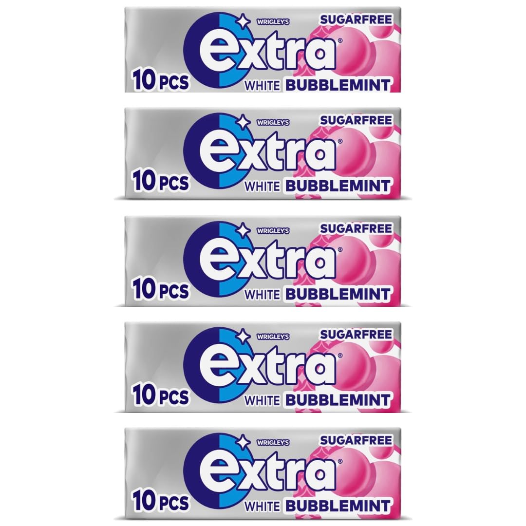 5 x packs Ex White Bubblemint Flavour Sugar Free Chewing Gum - Freshens Breath, Helps with Oral Hygiene for Healthy Teeth and Gums