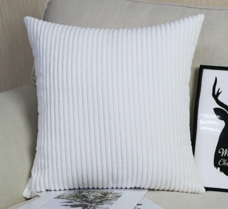 Seechoo Corduroy Cushion Covers, Set of 2, 45 x 45 cm, Striped, with Invisible Zipper, 18 x 18 Inch (White) - Image 2