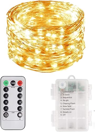 Guirnalda de 100 luces LED de 33 pies con control remoto y temporizador, funciona con pilas AA, luces de Navidad impermeables para exteriores,