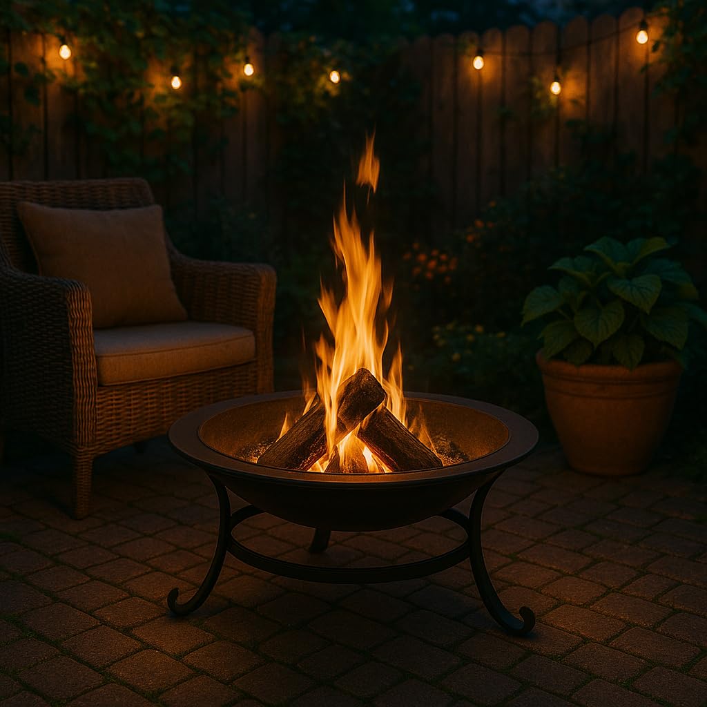 Großer Feuerkorb – Ø 76 x 53 cm – Mit Funkenschutz & Holzrost – Feuerschale für Garten, Terrasse & Camping – Stylische Schwarze Outdoor-Kaminkamin aus Metall – Holzbefeuerung – Mattschwarz