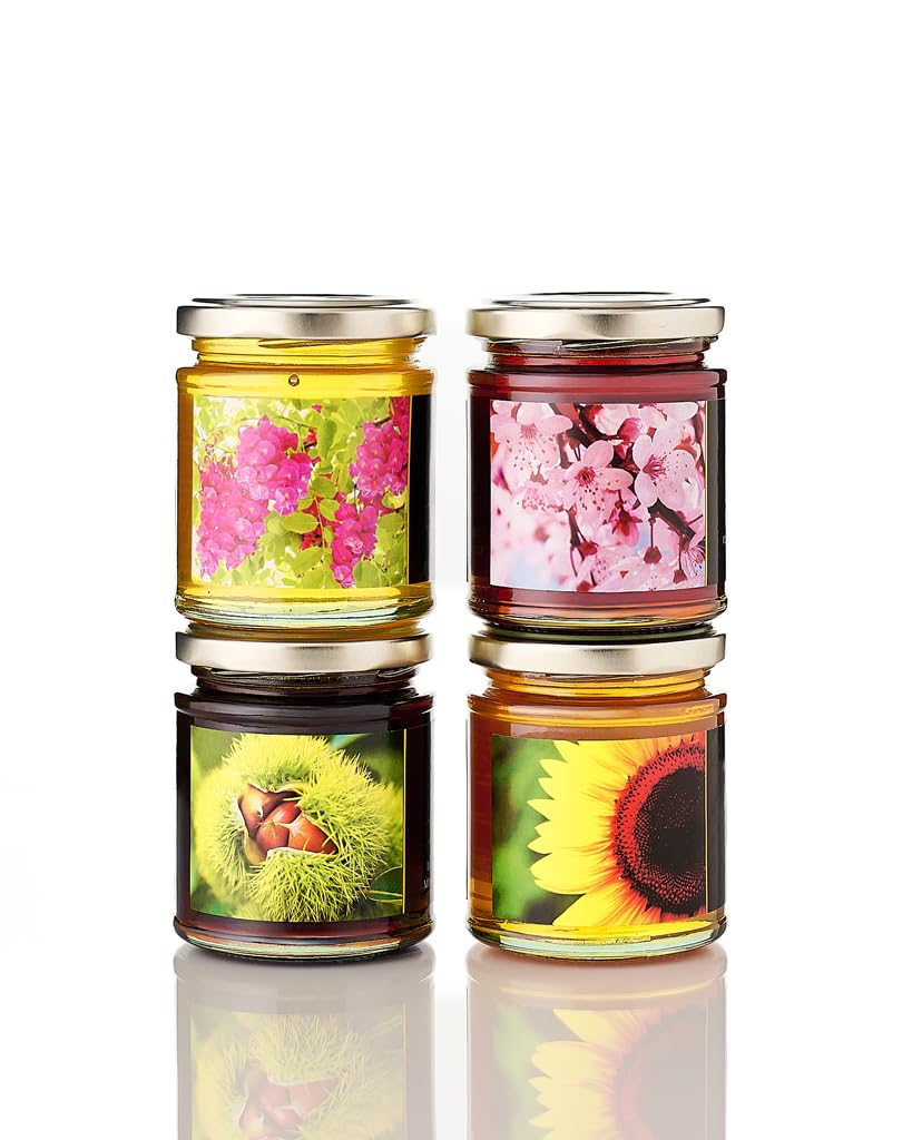 Caravella Fine Food - Set de degustación/Paquete de regalo x 4 - Miel de Acacia 250 gr, Miel de Cerezo 250 gr, Miel de Castaño 250 gr, Miel de girasol 250 gr - Miel 100% italiana pura y natural