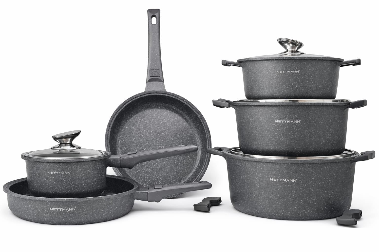 Lot Batterie de Cuisine Induction 13 Pièces Poêles, Marmites & Casserole en Fonte d'Aluminium – Manches Amovibles – Revêtement Céramique Antiadhésif sans PFOA/PFAS Tous Feux & Couvercles Verre (Gris)