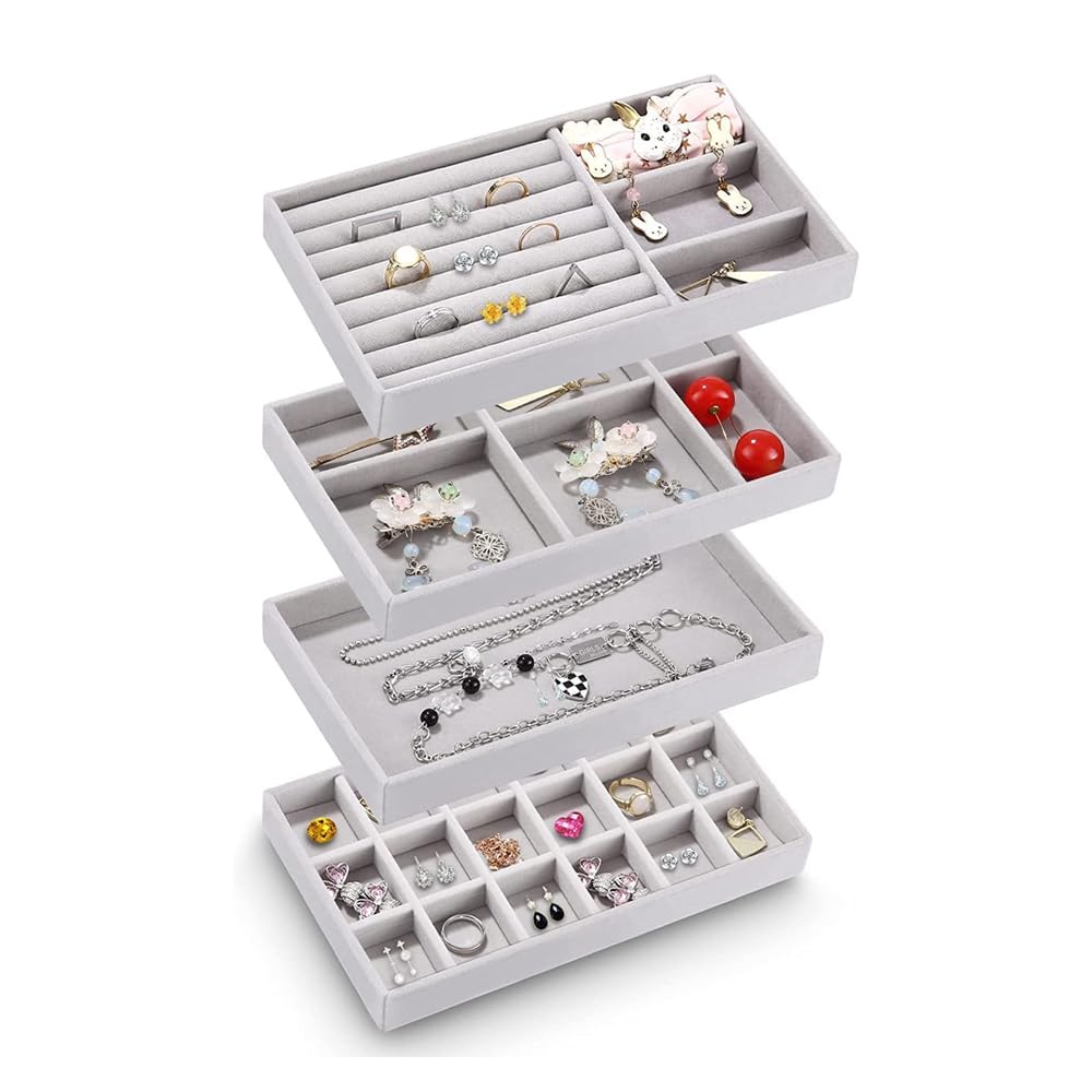 AMERTEER Jewelry Trays Organizer, Closet Drawer Accessories Tray Set of 4 Drawer Organizer for Earring, Ring, Gadgets & Cosmetics, Display Organizer Necklace Storage Showcase Bracelet Removable Tray