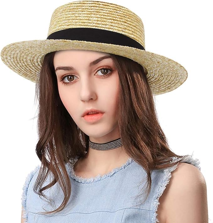 Summer Boater Straw Hat, Wide Brim Retro Flat Top Panama Beach Sun Hat, Black Trim, Handwoven2