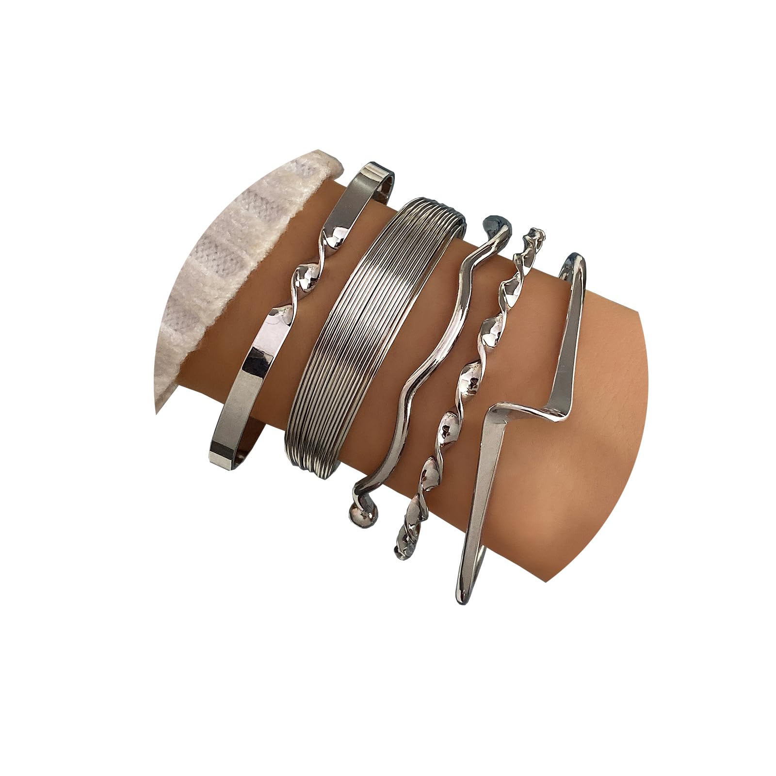 Silver Bangles Bracelets For Women, Multi Layer Stackable Open Cuff Bracelet Set, Trendy Elegance Charms Non Tarnish Minimalist Textured Boho Jewelry Gift for Women 1