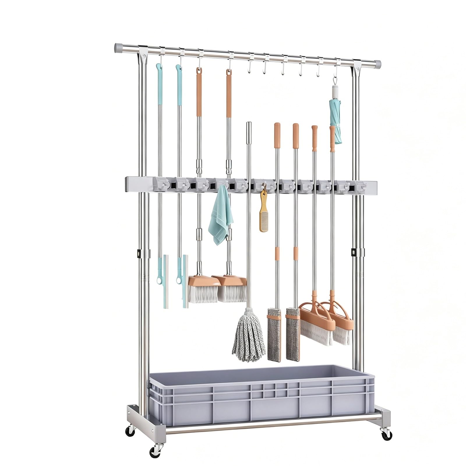 SARKEY Mobile Broom Mop Holder,Movable Floor-Mounted Mop Rack,Freestanding Cleaning Tool Organizer For Home,Drip Tray,Solves The Problem Of Dripping Mops And Wet Floors(127x50x185cm(50x20x73in))