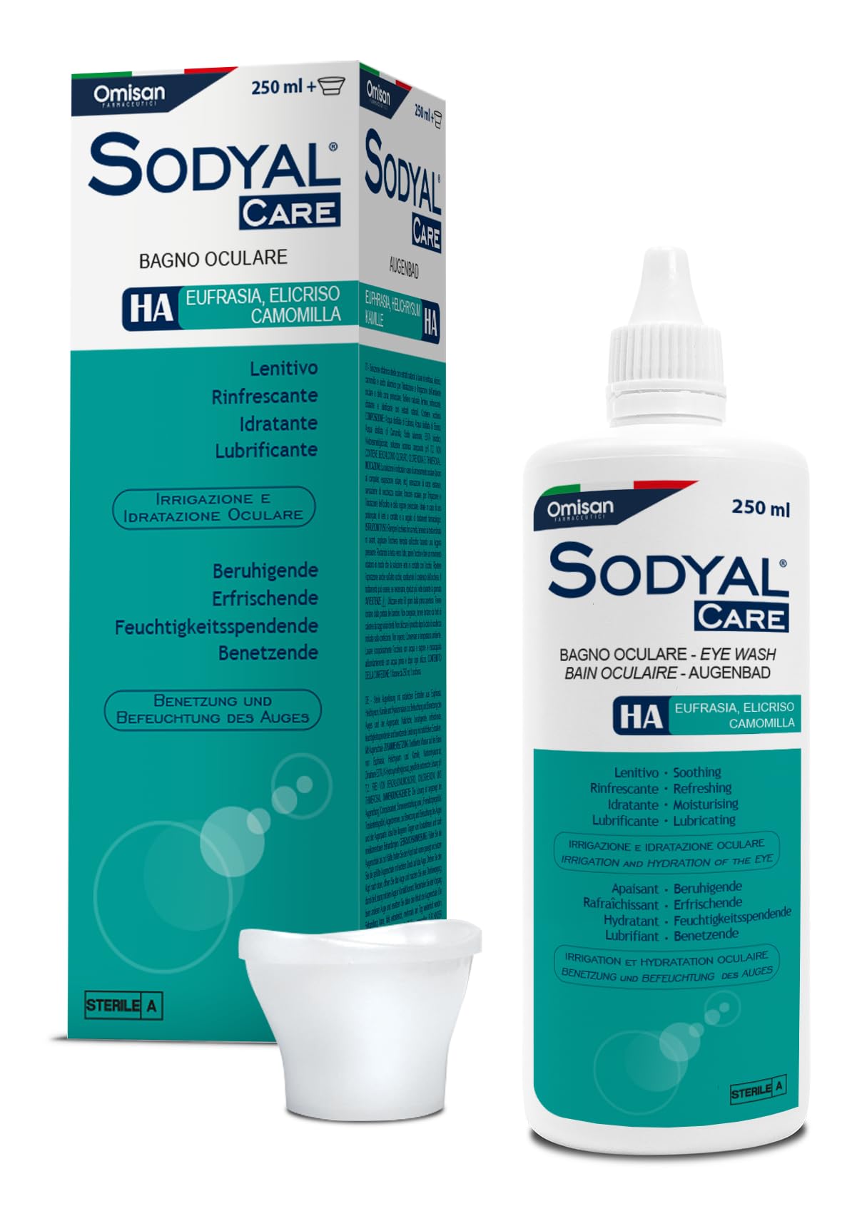 Sodyal Care Bagno Oculare per l’igiene e l’idratazione dell'occhio. Con Acido ialuronico, Eufrasia, Elicriso e Camomilla - 250 ml + Occhiera inclusa