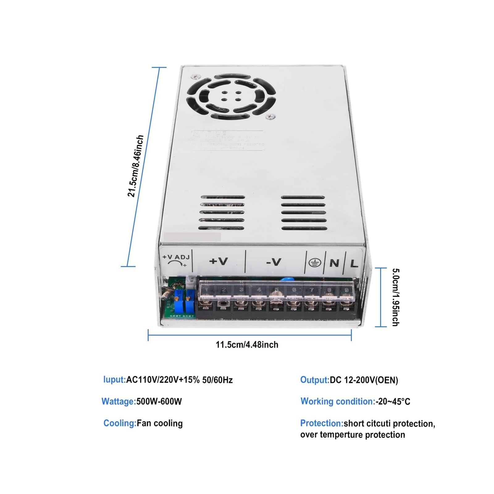 0-60V Uniwersalny regulowany zasilacz impulsowy 60V 10A 600W AC do DC LED przemysłowy adapter transformatorowy do kampera, samochodu, komputera, laboratorium